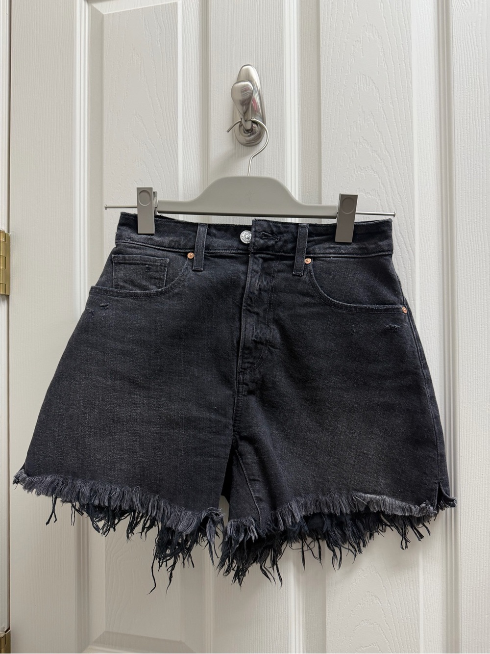 PAIGE Women's Black Frayed HI-WAIST Hem Denim Shorts 25